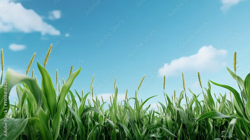 Obraz premium Serene Cornfield Under a Blue Sky - Lush green corn stalks reach towards a vibrant blue sky dotted with fluffy white clouds. Symbolizing growth, nature, abundance, serenity, and summer.