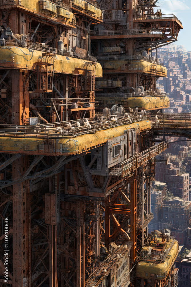 Rusty industrial constructions over decayed city. Post-apocalyptic sci-fi landscape with city ruins. Rusty industrial constructions over decayed city. Post-apocalyptic sci-fi landscape with city ruins.