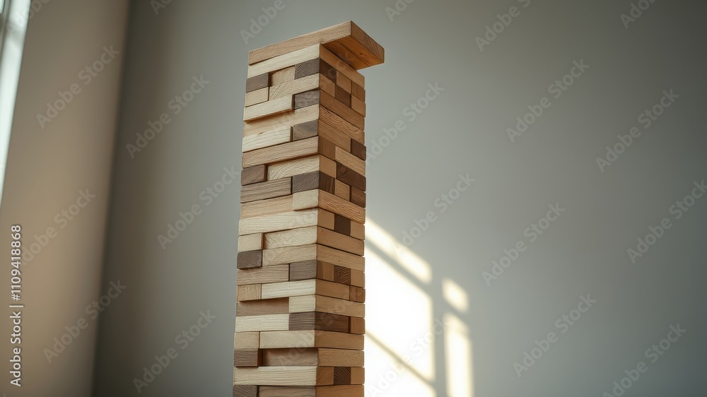 A tall tower of wooden blocks stands precariously, casting a long shadow on the wall, a testament to the delicate balance of patience and risk A tall tower of wooden blocks stands precariously, casting a long shadow on the wall, a testament to the delicate balance of patience and risk