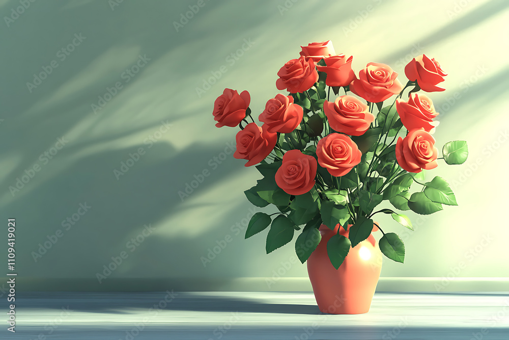 A vibrant bouquet of red roses in a simple vase, casting soft shadows on a wall. A vibrant bouquet of red roses in a simple vase, casting soft shadows on a wall.