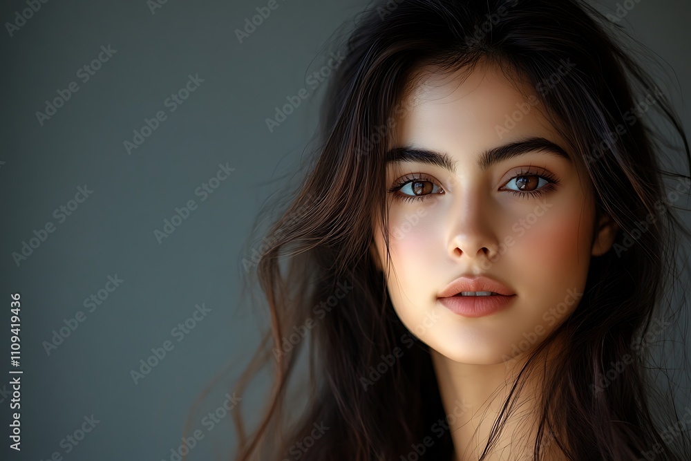 Studio Shot Pensive Asian Woman with Subtle Makeup and Healthy Skin Studio Shot Pensive Asian Woman with Subtle Makeup and Healthy Skin