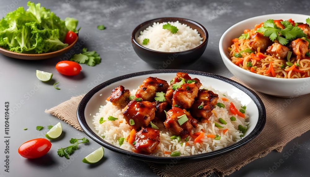 chicken shashlik or chicken manchurian with salad fried rice served in a dish isolated on grey background side view of indian, pakistani food
chicken shashlik or chicken manchurian with salad fried rice served in a dish isolated on grey background side view of indian, pakistani food