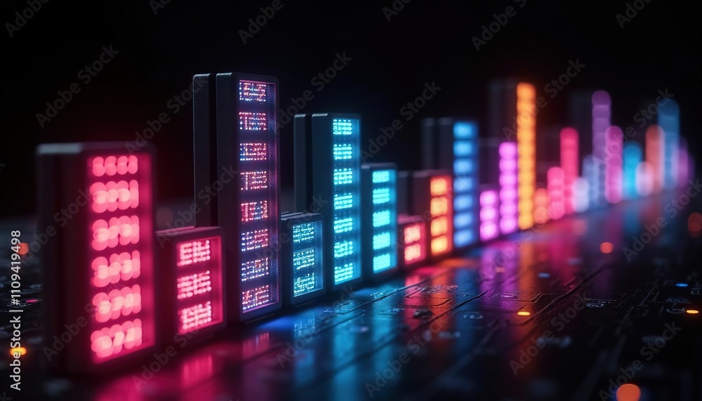 Futuristic music equalizer with neon glowing colorful levels Futuristic music equalizer with neon glowing colorful levels