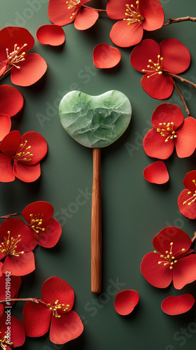 Heart shaped jade gua sha tool surrounded by red flowers on green background