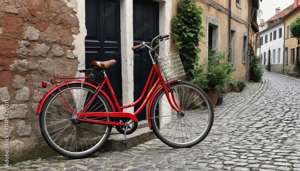 Red bicycle resting on a cobblestone street lined with charming buildings in a quaint town during a sunny afternoon. Generative AI