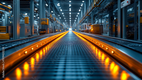 lluminated industrial conveyor belt in a modern factory. Represents automation, manufacturing, and technological innovation photo