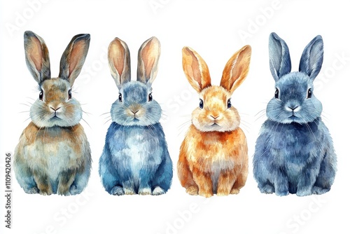 Four colorful rabbits illustrated in a watercolor style, showcasing various fur colors.