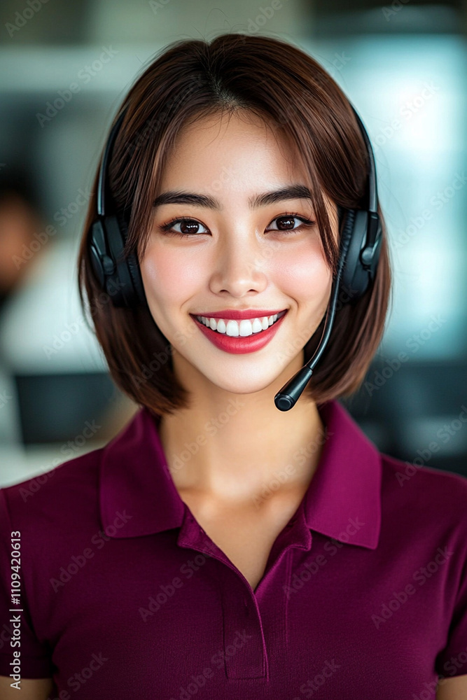 Young Asian woman call center agent, dressed in a burgundy shirt and wireless headset, focused on her work in an office setting. Young Asian woman call center agent, dressed in a burgundy shirt and wireless headset, focused on her work in an office setting.