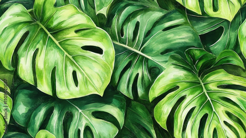 Fototapeta premium Seamless pattern featuring vibrant tropical green monstera leaves in watercolor style ideal for fabric and wallpaper designs