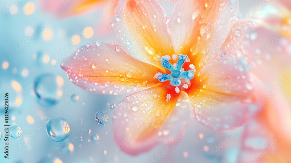 Fototapeta premium Close-up of a delicate flower with water droplets, creating a serene effect.