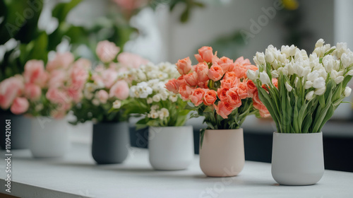 Fresh flowers in colorful vases create vibrant atmosphere
