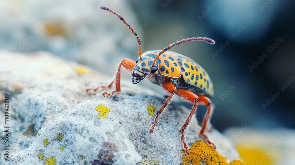 Naklejka premium Vibrant Beetle on Rock - Close-up of a colorful beetle on a rock, showcasing nature, insects, vibrant colors, detail, and wildlife.