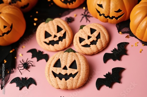 Halloween decorations on a black background, pumpkins and bats  photo