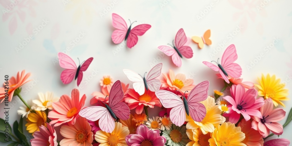 A Delicate Arrangement of Pink Butterflies and Pastel Flowers, Nestled Against a Soft White Background A Delicate Arrangement of Pink Butterflies and Pastel Flowers, Nestled Against a Soft White Background