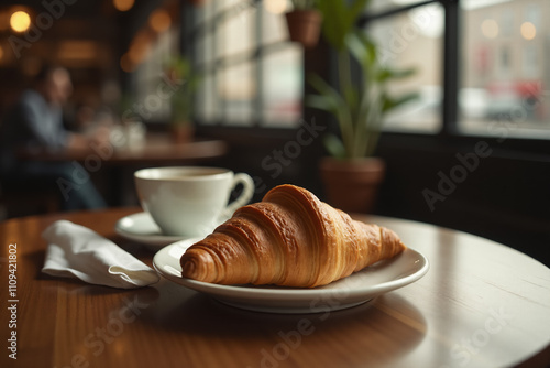 Сup of coffee and croissant on a wooden table in a coffee shop.