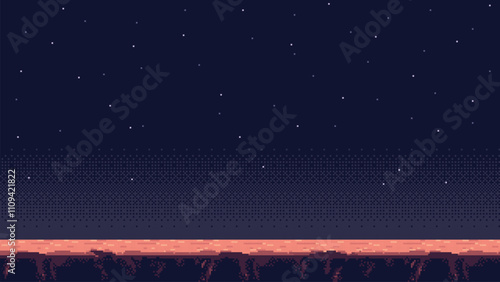 pixel art space game level background, 8 bit retro style video game. Planet surface. Starry sky. Vector illustration