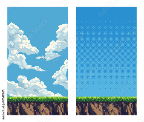 pixel art retro vertical game level, 8 bit 2d video game background, pixel template. stones, grass and blue sky. Vector illustration
