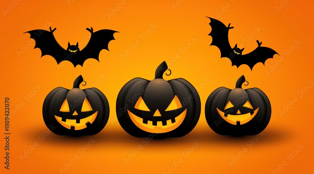Three pumpkins and two black bats on the wall, Halloween decoration on an orange background Three pumpkins and two black bats on the wall, Halloween decoration on an orange background