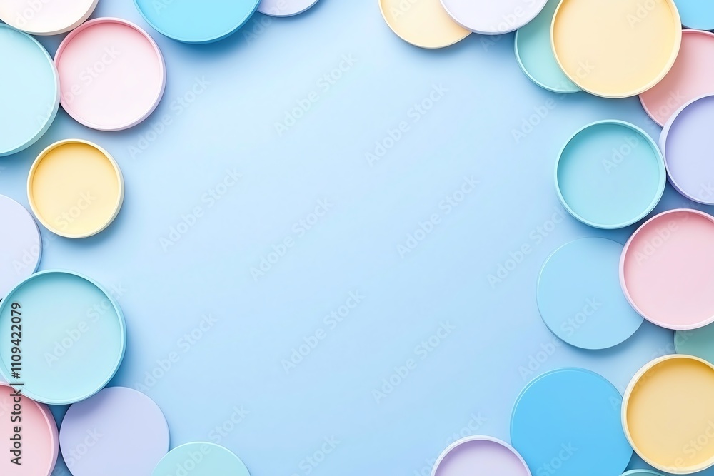 Colorful, circular shapes arranged creatively on a soft blue background Colorful, circular shapes arranged creatively on a soft blue background
