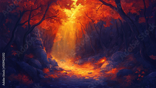 Magical forest with bright sunlight streaming through the trees in warm and cool tones