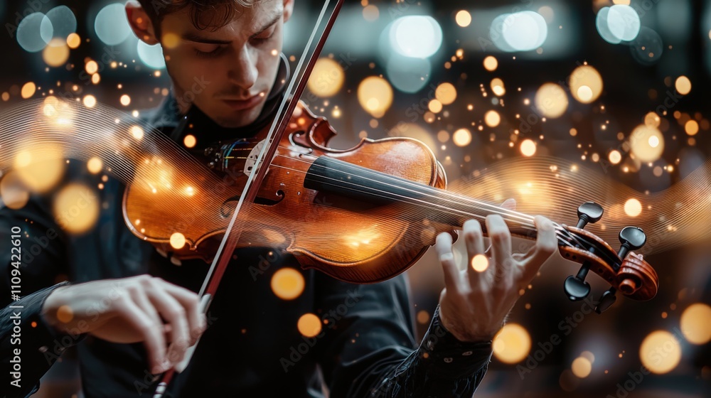 Fototapeta premium Young musician plays violin passionately during an evening performance