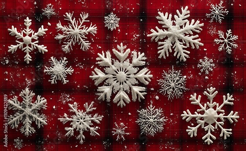 a group of snowflakes on a red background

