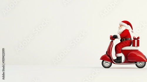 3d santa in Christmas concepts. Santa Claus riding a red scooter with gifts, set against a minimalistic background.
