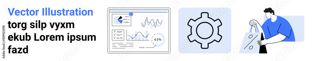 Graphs and charts on a monitor, a gear cogwheel, and a person holding shopping bags. Ideal for business, technology, e-commerce, data analytics, software development, digital marketing and project Graphs and charts on a monitor, a gear cogwheel, and a person holding shopping bags. Ideal for business, technology, e-commerce, data analytics, software development, digital marketing and project