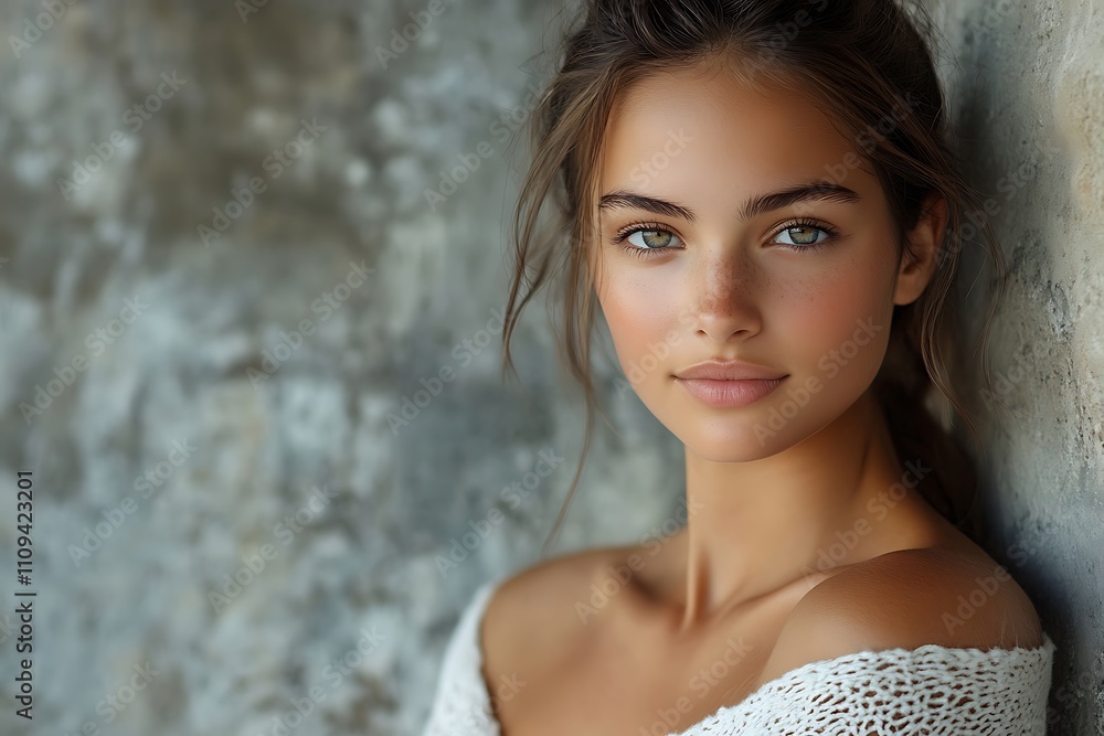 Sun-Kissed Freckled Woman Chic Off-Shoulder Portrait Sun-Kissed Freckled Woman Chic Off-Shoulder Portrait