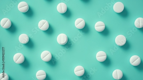 White pills in varying arrangements on a vibrant teal backdrop, creating a stark yet professional contrast