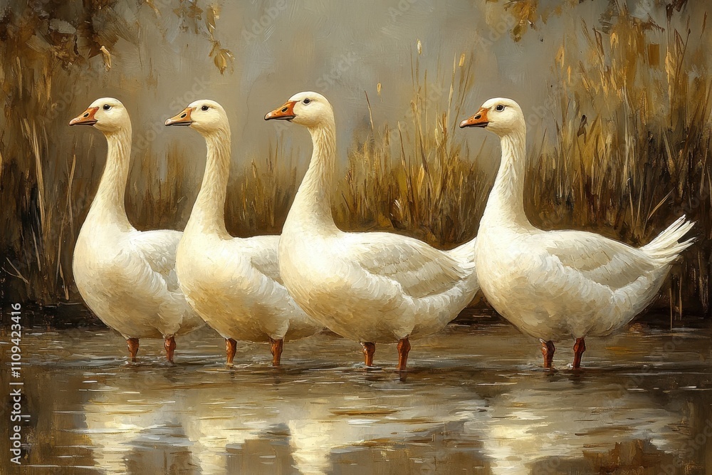 Four white geese standing in shallow water with a natural background. Four white geese standing in shallow water with a natural background.