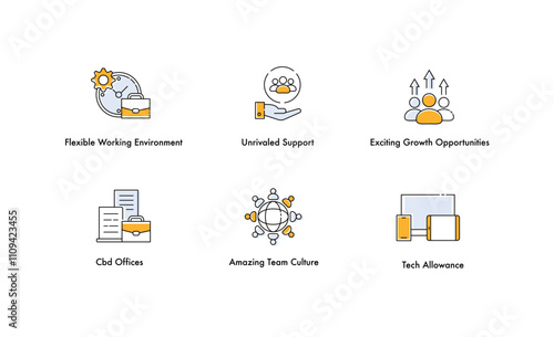 Flexible Work, Great Support, Growth Opportunities: Company Culture Icons. Company Benefits Icons.