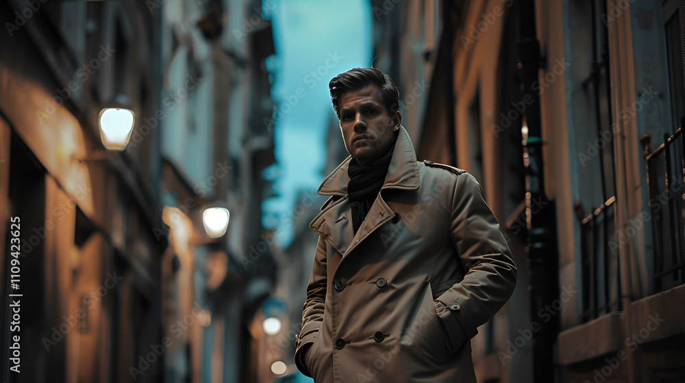 A man in a trench coat in a city A man in a trench coat in a city