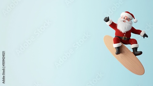 3d santa in Christmas concepts. A playful Santa Claus surfing on a cookie against a pastel background.