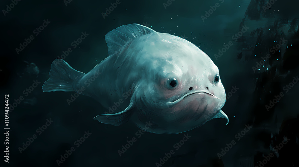 Fototapeta premium A gelatinous blobfish with soft, pinkish-brown skin and a perpetually sad face swims slowly through the dark, mysterious depths of the ocean's abyssal zone. Abyssal. Illustration