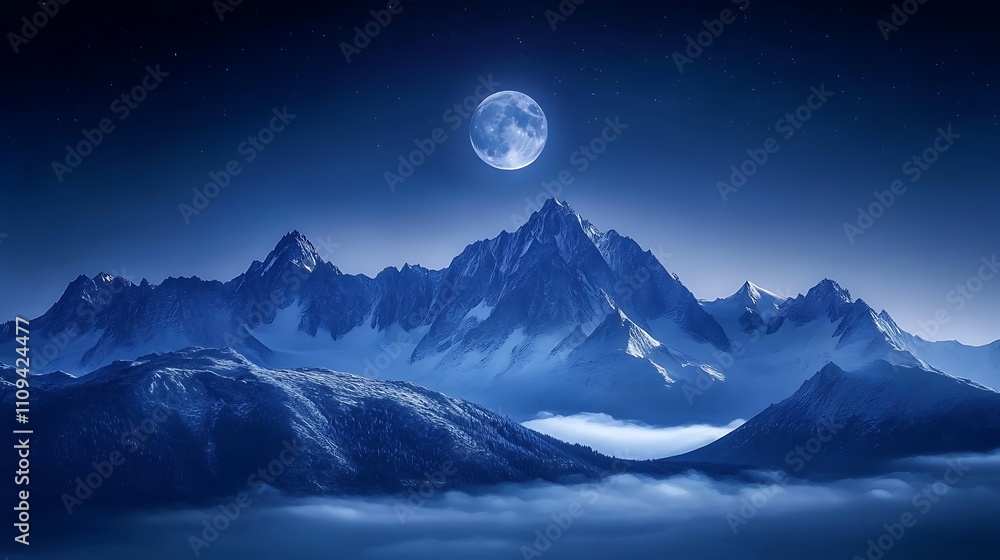 A serene moonlit mountain landscape with clouds and starry sky. A serene moonlit mountain landscape with clouds and starry sky.