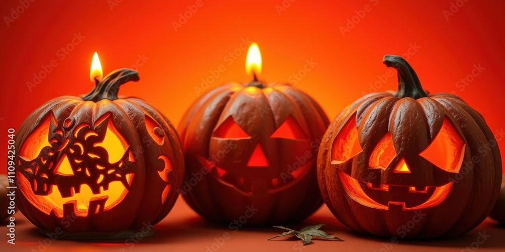 Fototapeta premium Three glowing jack-o'-lanterns with intricate carvings illuminate a dark orange backdrop. They cast an eerie light, their carved smiles hinting at the playful spirit of Halloween.