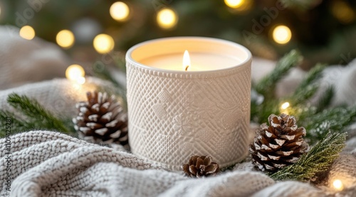 A close-up photograph of an elegant white candle with Christmas patterns