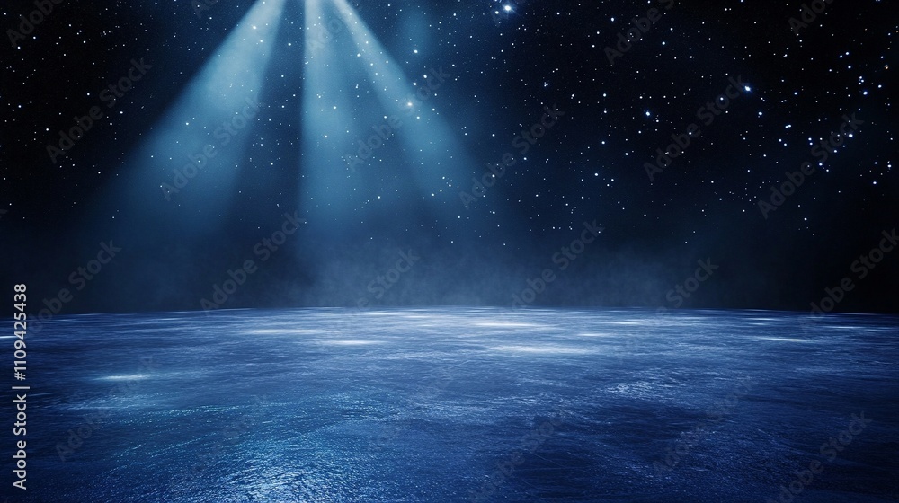 Obraz premium Blue beams light up an icy surface against a dark background, scattering tiny star-like specks in a mesmerizing and ethereal display.