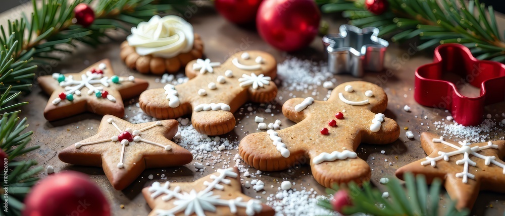 Festive Baking Scene - Gingerbread Cookies, Icing, Cutters - Rustic Holiday Mood Festive Baking Scene - Gingerbread Cookies, Icing, Cutters - Rustic Holiday Mood