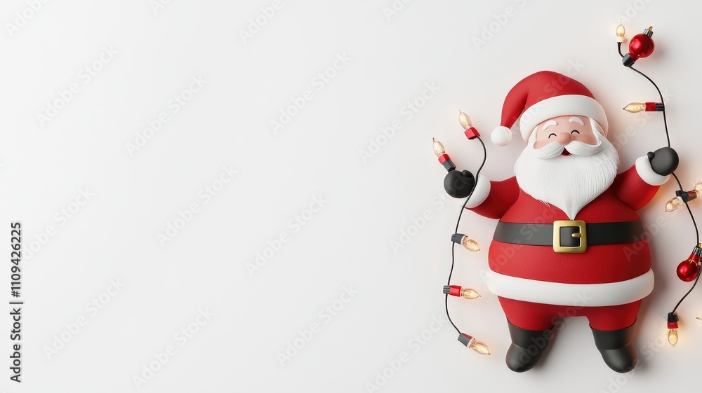 Fototapeta premium 3d santa in Christmas concepts. Festive Santa Claus figurine holding lights on a white background.