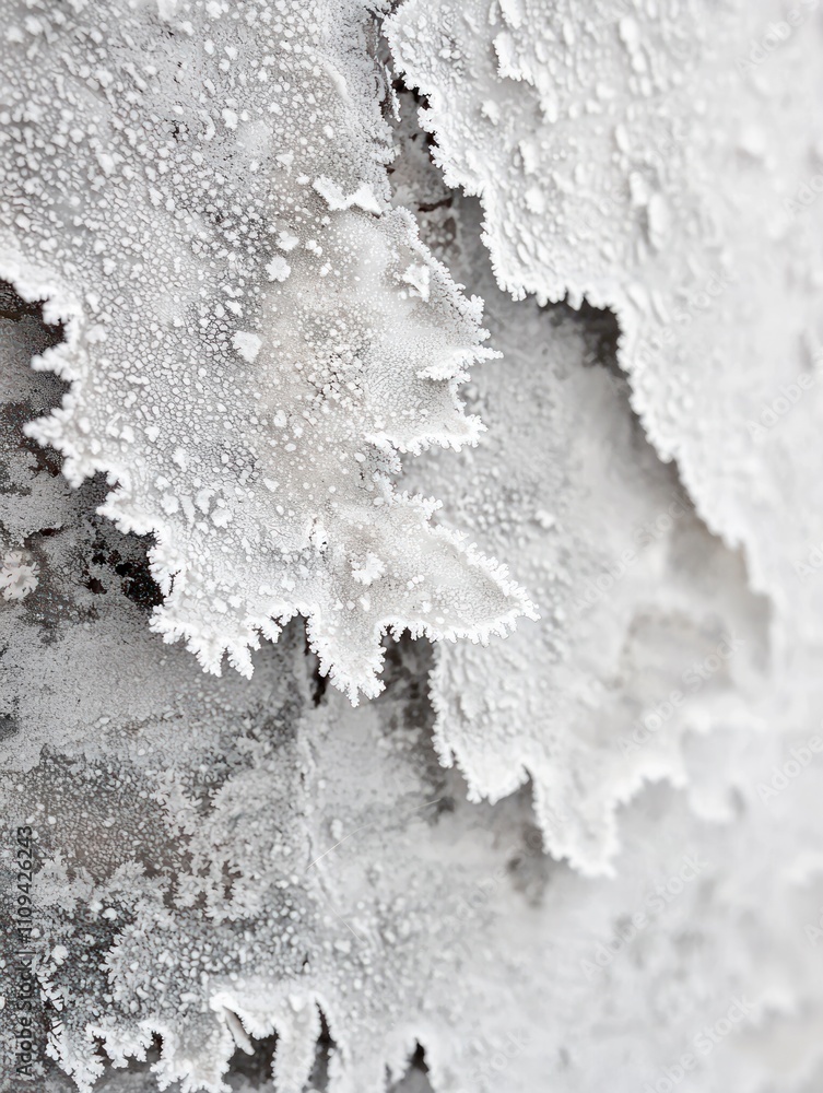 Obraz premium Close-Up of Intricate White Frost Patterns on a Surface, Capturing the Beautiful Texture and Details of Winter's Chill and Nature’s Artistry for Stock Images