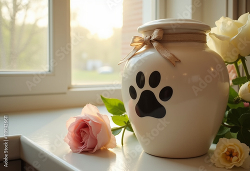 Ceramic Dog Ashes Urn with Painted Paw Print and Ribbon Amid Flowers