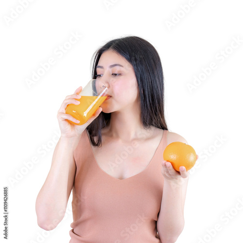 Beautiful beauty woman Asian cute girl feel happy drinking orange juice for good health in the morning , enjoying time isolated on a transparent background - lifestyle beauty woman concept