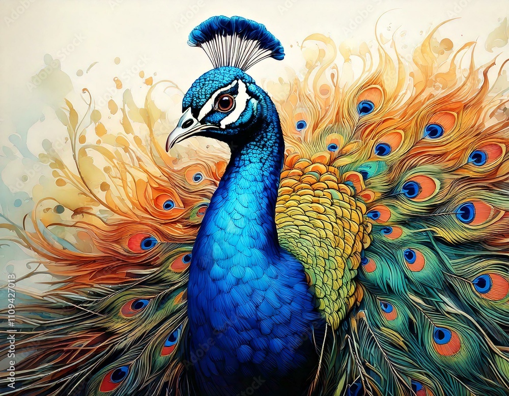Fototapeta premium An elegant peacock with colorful watercolor feathers is displayed in intricate detail.