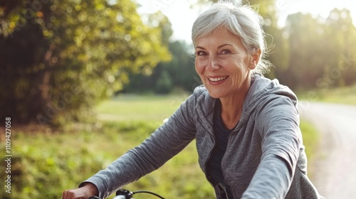 A mature woman cycling on a scenic path, enjoying the outdoors and staying fit as part of her healthy lifestyle.