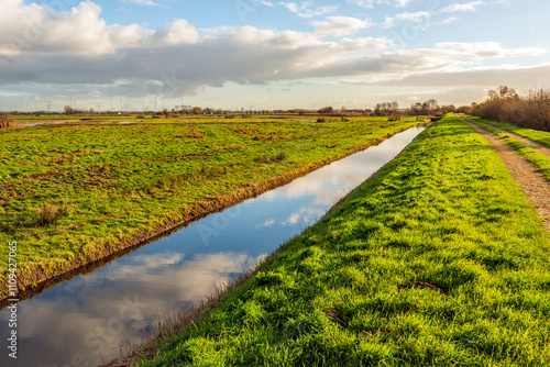 Obraz na płótnie Dutch polder landscape with a straight ditch. It is a windless day in the autumn season and the clouds are reflected in the mirror-smooth water surface. w salonie