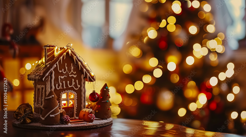 Homemade gingerbread house set against a room decorated for Christmas, adding to the festive atmosphere. Homemade gingerbread house set against a room decorated for Christmas, adding to the festive atmosphere.