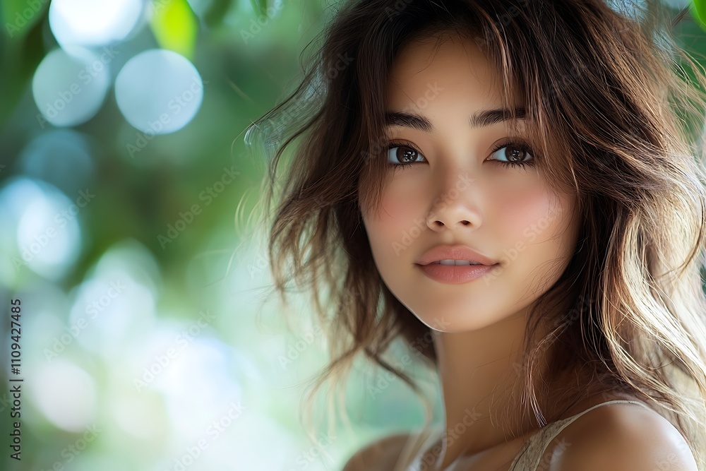 Fototapeta premium Sunlit Girl Outdoor Portrait Dreamy Long Hair, Clear Complexion