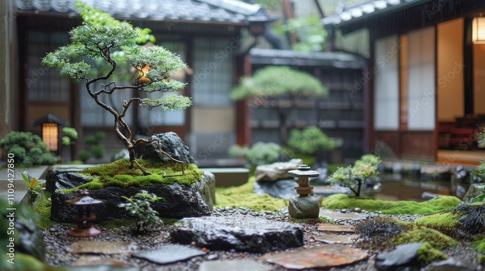 custom made wallpaper toronto digitalTranquil Japanese garden with bonsai tree and stone pathway in rain.